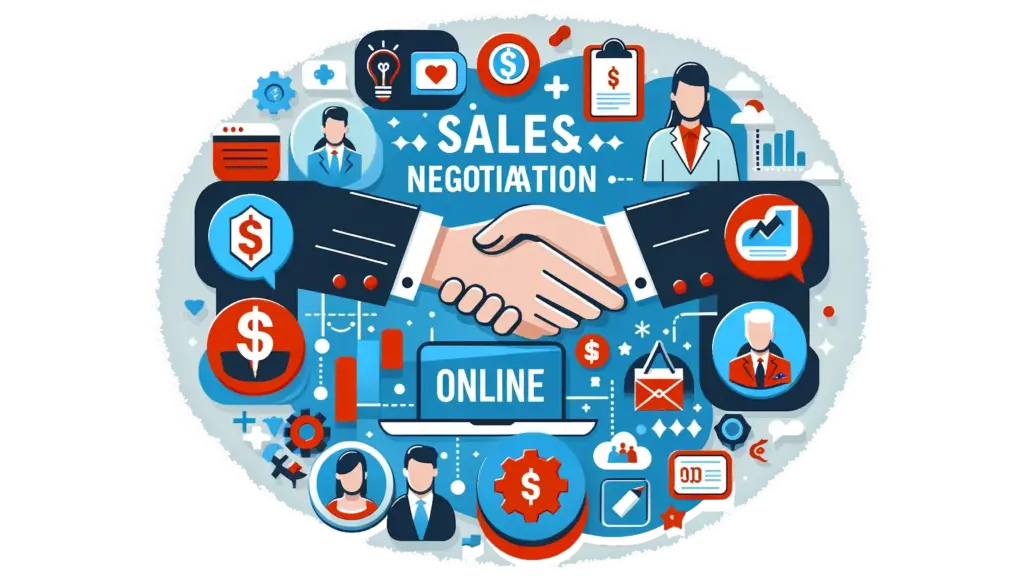 DALL·E 2024 05 21 16.50.46 Create an image illustrating the modes of a sales and negotiation course. The modes should include In person and Online. Use icons and visual element 1 1